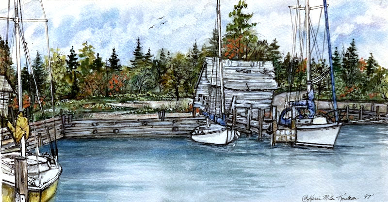 Watercolor painting of sailboats at a quiet dock in Ellison Bay with trees and a rustic boathouse