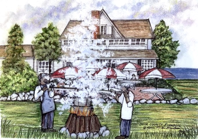 Watercolor and ink painting of a Door County fish boil with chefs and a lakeside inn