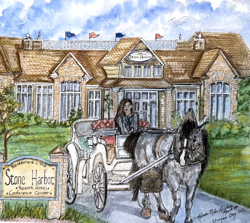 Watercolor painting of a horse-drawn carriage in front of Stone Harbor Resort Hotel in Sturgeon Bay