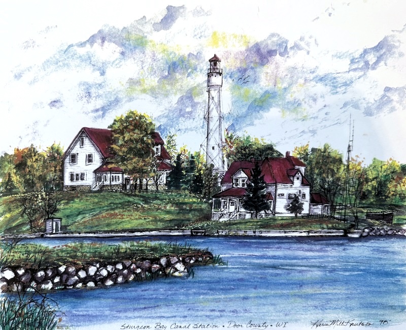 Watercolor and ink illustration of the Sturgeon Bay Canal Station lighthouse and historic buildings