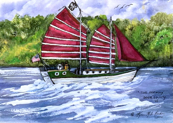 Watercolor painting of a red-sailed pirate-style boat sailing in Door County waters