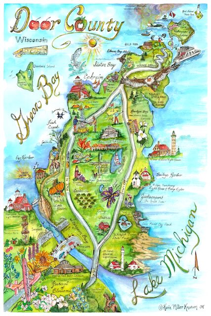 Playful watercolor map print of Door County with local landmarks